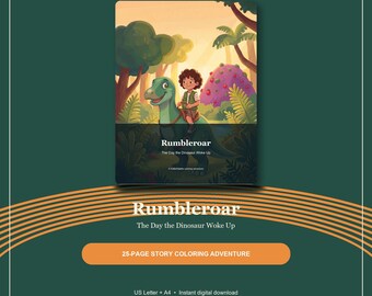 Rumbleroar Dinosaur Story Coloring Book, 25 Pages, Kids Ages 4-8 (Digital Download)