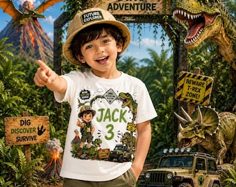 Personalisiertes Dinosaurier-Geburtstags-Shirt | Individuell Name Alter Dino Abenteuer für Digitalen Download