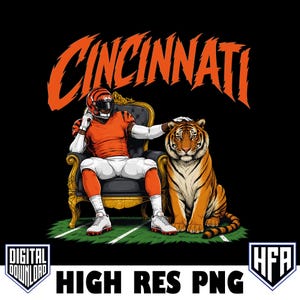 Könnte beinhalten: Eine digitale Grafikillustration eines Footballspielers in orange-weißer Uniform, der auf einem verzierten goldenen Stuhl sitzt und eine Hand auf einen großen Tiger legt. Das Wort CINCINNATI steht in großen orangefarbenen Buchstaben darüber.