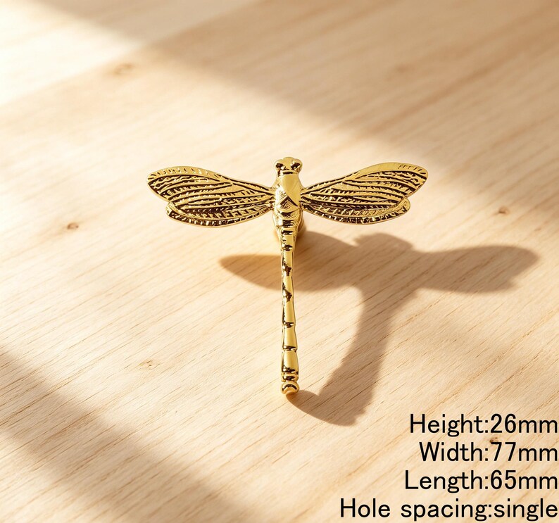 Boutons d'armoire libellule et abeille en laiton massif, poignées de tiroir insectes dorées de luxe Gold - 65mm
