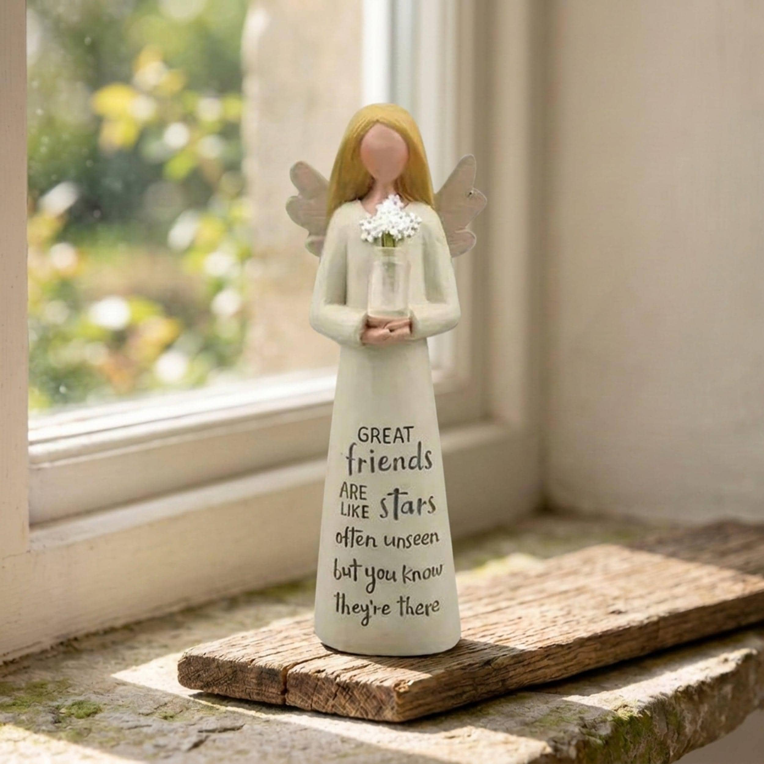 Friendship Angel Figurine Holding Flowers, Hand-Painted Resin Friends Are Like Stars Keepsake, Best Friend Birthday Gift for Her, Sister