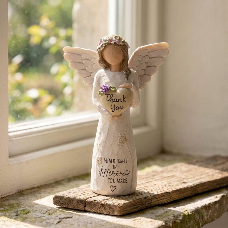 Thank You Angel Figurine with Heart, Hand-Painted Resin Appreciation Keepsake, Meaningful Gift for Teacher, Nurse, Mentor, Volunteer image 1
