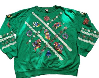 VTG 90s Christmas on Main Street Sweatshirt Snowflakes Bells Crewneck Sz M Green