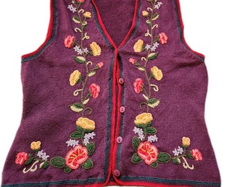 Susan Bristol Vest Womens Purple Floral Hand Embroidered Vtg Cottagecore M