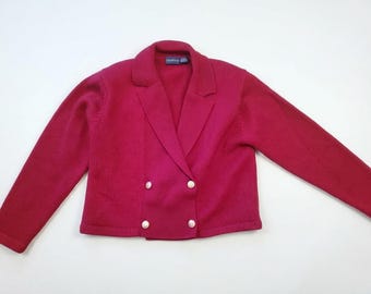Caroll Reed Vtg Bright Pink Red Cardigan Gold Buttons Sweater Cropped Wool Sz. L