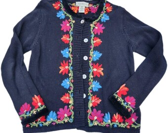 Susan Bristol Cardigan Womens Black Floral Hand Embroidered Vtg Cottagecore M