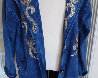 Vintage Boho 1980's Denim Blue Coat Jacket Floral Embroidered Beaded Sz M