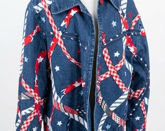 Vintage Upcycled Denim Jacket Women's Sz. Large Red White Blue Hand Embroidered