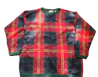 Vtg Nell Flowers 90s Grunge Mohair Fuzzy Plaid Crewneck Sweater Christmas L