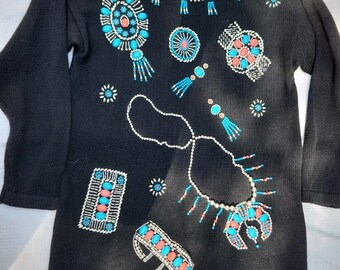 Vtg Studio Collection Medium Black Turquoise Beaded Boho Southwestern Sweater M