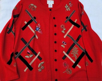 Susan Bristol Cardigan Womens Red Floral Hand Embroidered Vtg Cottagecore M