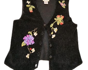 Susan Bristol Vest Womens Black Floral Hand Embroidered Vtg Cottagecore S