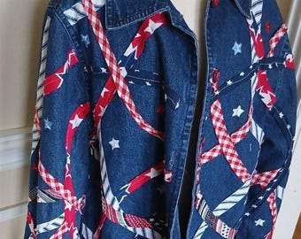 Vintage Upcycled Denim Jacket Women's Sz. Large Red White Blue Hand Embroidered