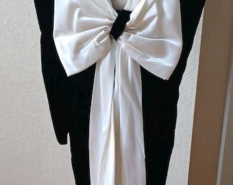 Vtg Royalcore Long Black Velvet White Bow Tails V Neck Formal Party Maxi Dress S