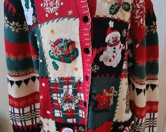 Vintage Tiara Christmas Sweater Embrodeired Snowman Sequin Applique Red M
