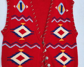 Vtg Bechamel Holiday Knit Leather Lace Vest Cotton Red M Cottegecore Boho