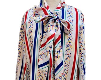 Vtg Jonquil Judy Bond Sz 10 Pussy Bow SECRETARY Blouse White Teal Red Blue Retro