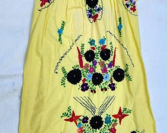 Mexican Embroidered Dress Womens S Yellow Floral Boho Folk Art Cotton Vtg 1970s