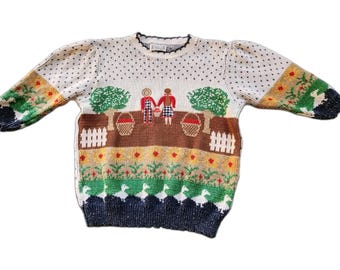 Vtg Sweater Loft Made USA Folk Art Cottegecore Knit Sweater Grandmacore Rare S