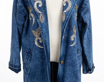 Vintage Boho 1980's Denim Blue Coat Jacket Floral Embroidered Beaded Sz M