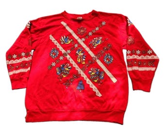 VTG 90s Christmas on Main Street Sweatshirt Snowflakes Bells Crewneck Size M Red