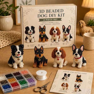 May include: A 3D beaded dog DIY kit 4-piece set box with four finished beaded dog figurines, a plastic organizer filled with colorful beads, a spool of white thread, a needle, and an instruction booklet with images of the four dog designs.