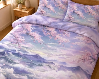 Bettwäsche-Set „Kirschblütenberg“ aus Baumwolle | Kirschblüten-Wolkenlandschaft | rosa Bettwäsche-Set