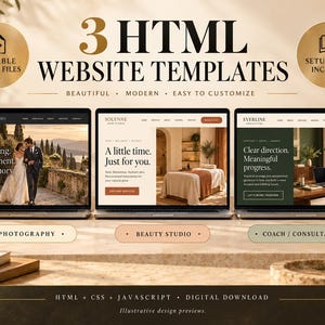 HTML-websitesjabloonpakket, 3 responsieve ontwerpen voor fotografen, schoonheidssalons en coaches, bewerkbare CSS en JavaScript.