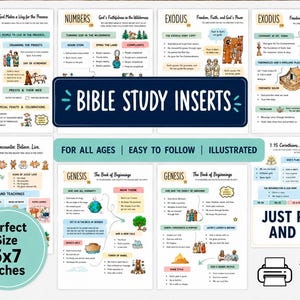 May include: A collection of illustrated Bible study inserts featuring various books of the Bible including Leviticus, Numbers, Exodus, John, and Genesis. The pages contain text, colorful graphics, and diagrams. A circular graphic states Perfect Size 5x7 inches.