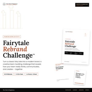 Puede incluir: Una descarga digital para la actividad de team building Fairytale Rebrand Challenge. El documento muestra el título en texto negro y marrón, con detalles sobre duración, tamaño del equipo y formato. Incluye un cuaderno y una tarjeta.