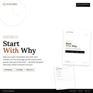 Puede incluir: Una guía de actividades en descarga digital titulada Start With Why de The Chief of Happiness. El documento presenta texto en negro y naranja sobre un fondo blanco, incluyendo tiempo, tamaño del grupo y requisitos de mesas.