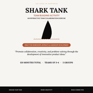 May include: A digital flyer for a Shark Tank team building activity. It features a black shark fin graphic, the text "The Chief of Happiness," "Shark Tank," "Team Building Activity," "120 minutes total," "teams of 3-4," and "5 groups."