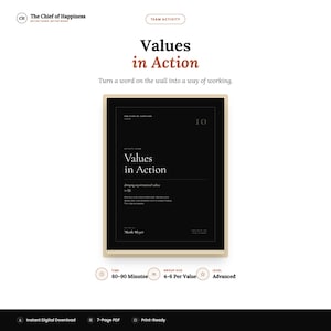 Puede incluir: Un documento digital titulado Values in Action de The Chief of Happiness. La portada negra presenta texto en blanco, incluyendo el título, subtítulo y el nombre de la autora Nicole Meyer. Debajo del documento hay iconos para 60-90 minutos, 4-6 por valor y nivel avanzado.