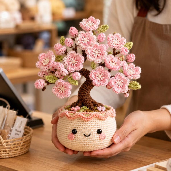 かぎ針編みの桜の植物パターン、かぎ針編みの花のパターン、あみぐるみ植物のPDF、春のホームデコレーションギフト