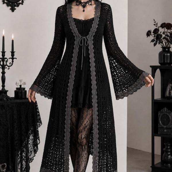 Gotisch haakpatroon mesh stofdoek met capuchon PDF Bell Sleeve kleed Witchy gehaakt vest Halloween-outfit