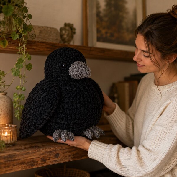 Gehaakt raafpatroon, gotische vogel amigurumi pdf, Halloween gehaakt dierenpatroon voor donker decor