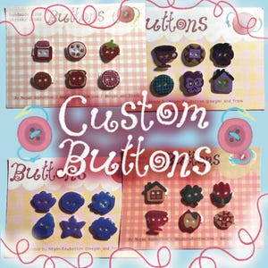 May include: Four display cards featuring assorted custom buttons in various shapes and colours, including food, nature, and house motifs. Each card displays six individual buttons with visible holes, arranged in two rows against a chequered background.