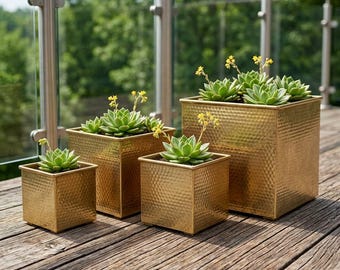 Handmade Hammered Brass Bowl Planter, Mid-Century Modern Gold Plant Pot (Boho Style)