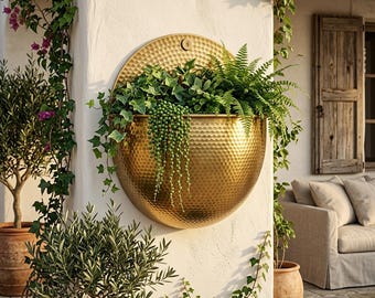 Hammered Brass Wall Planter Bowl, Half Moon Hanging Pot, Boho Decor Crescent Vase
