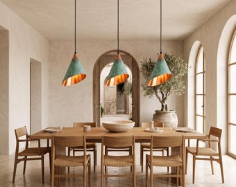 Verdigris Copper Cone Pendant Light, Handmade Patina Hanging Lamp, Japandi Kitchen Lighting