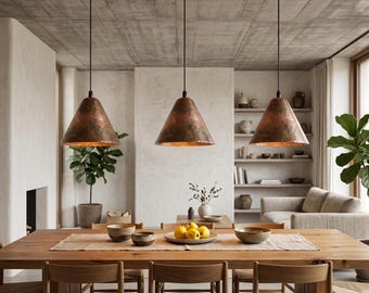Hammered Copper Pendant Light, Moroccan Artisan Cone Lamp, Rustic Farmhouse Kitchen Island Lighting
