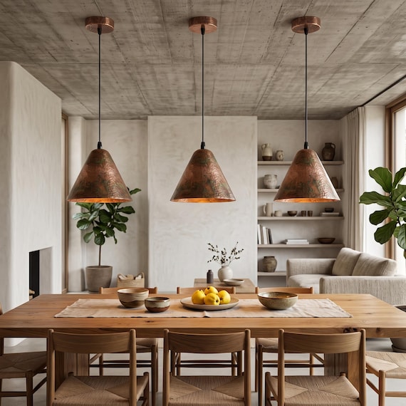 Hammered Copper Pendant Light, Moroccan Artisan Cone Lamp, Rustic Farmhouse Kitchen Island Lighting