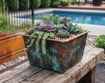 Patina Copper Rectangular Planter – Handcrafted Hammered Copper Plant Pot
