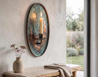 Hammered Copper Wall Sconce, Verdigris Patina Candle Holder, Rustic Farmhouse Decor