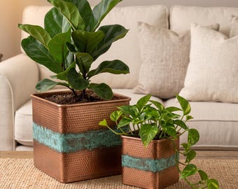 Hand-Hammered Copper Planter, Square Verdigris Patina, Rustic Metal Pot
