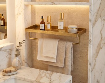 Hammered Brass Bathroom Shelf with Towel Bar, Moroccan Artisan Storage Rack