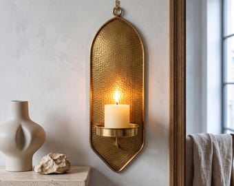 Hammered Brass Wall Sconce, Moroccan Handmade Candle Holder, Rustic Farmhouse Decor