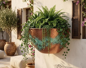 Hammered Copper Wall Planter, Half Moon Verdigris Patina, Rustic Hanging Flower Vase