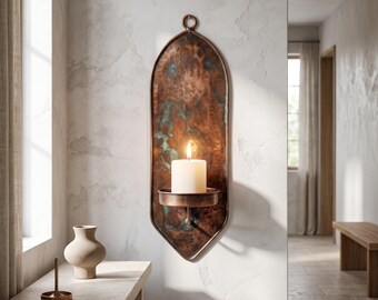 Hammered Copper Wall Sconce, Verdigris Patina Candle Holder, Rustic Farmhouse Decor