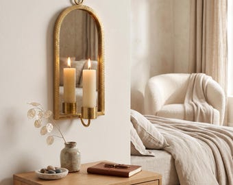 Hammered Brass Arch Candle Holder with Mirror, Moroccan Farmhouse Decor